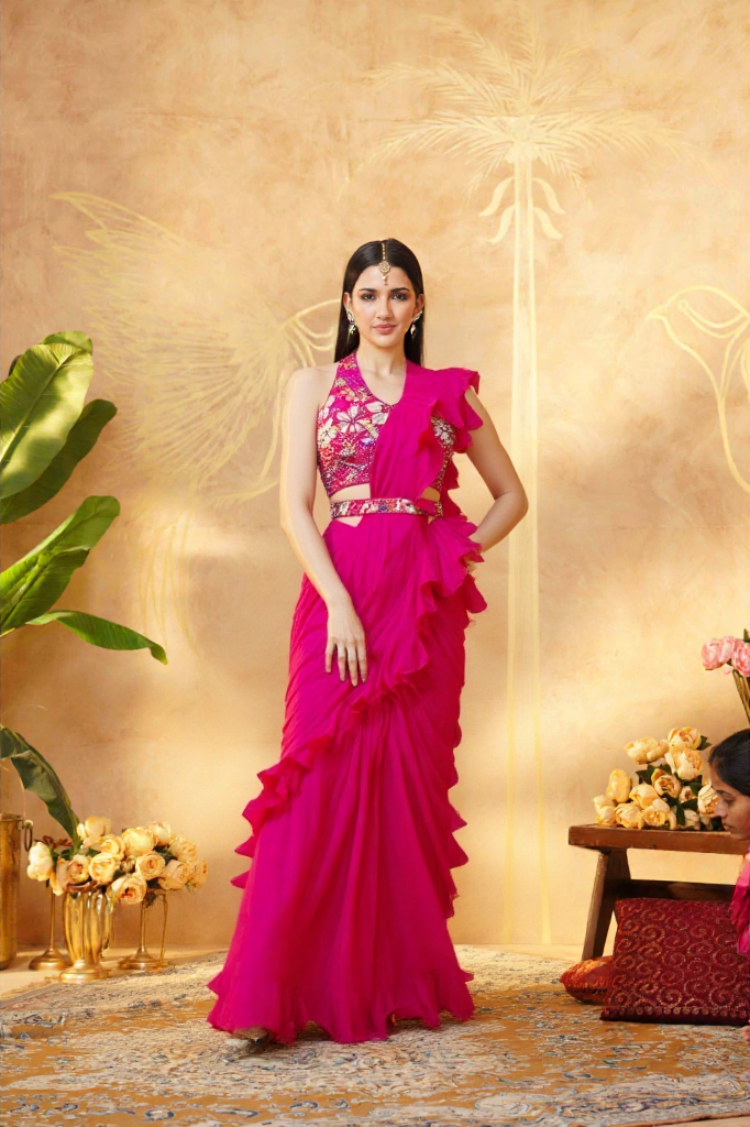 Bright pink designer drape saree spegetti choli hand work , Indo Western