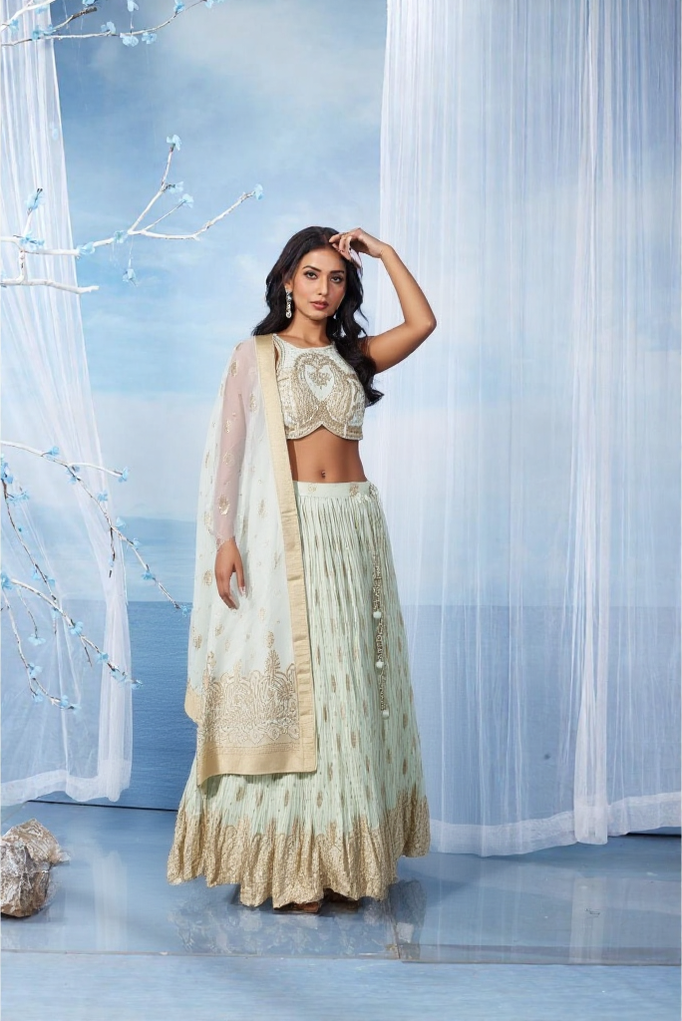 Light Green/Mint Gold Embroidered Banaras Silk Lehenga