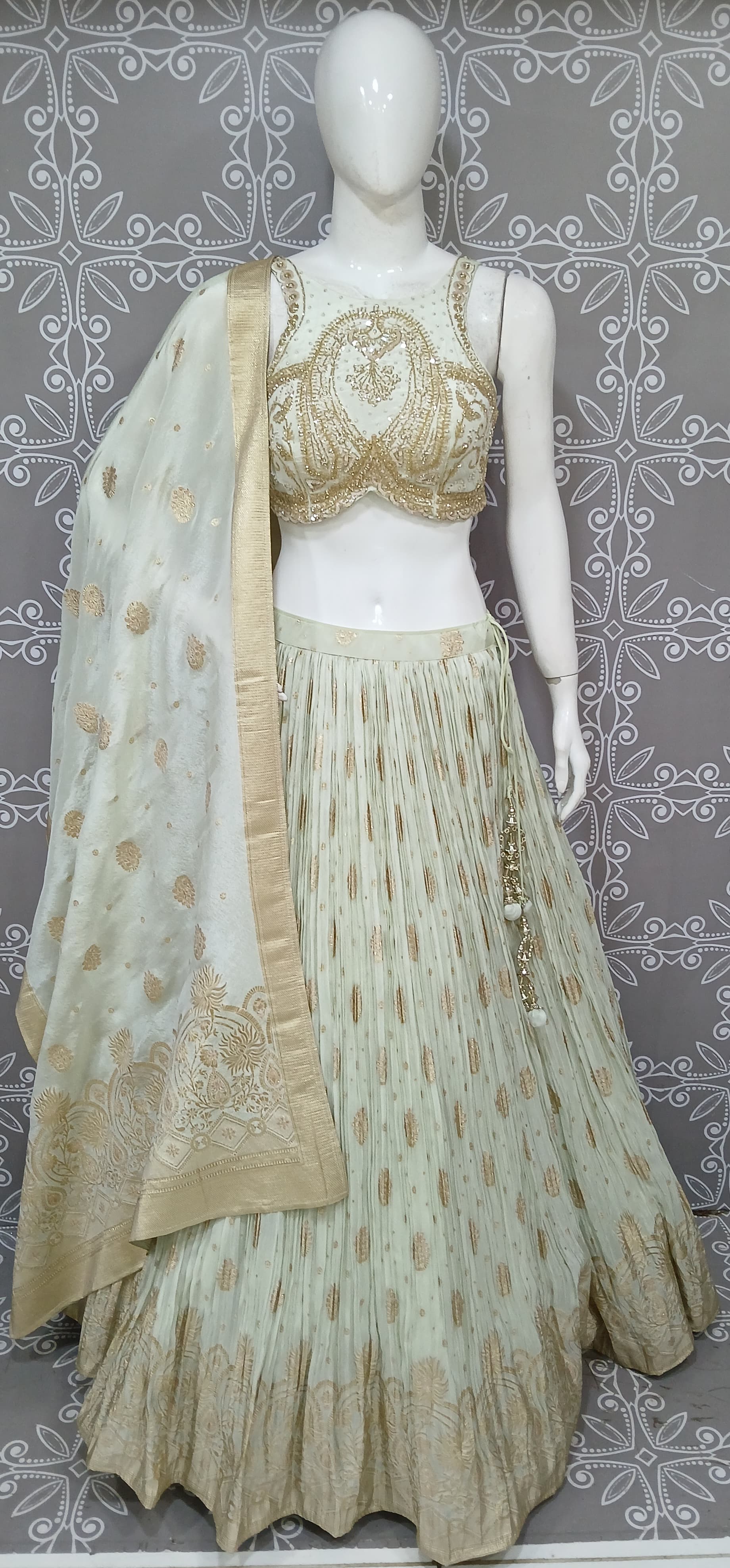 Light Green/Mint Gold Embroidered Banaras Silk Lehenga