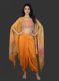 Festive Orange Indo Western Co-ord with Draped Skirt and Shrug Tulip Cut with Strange