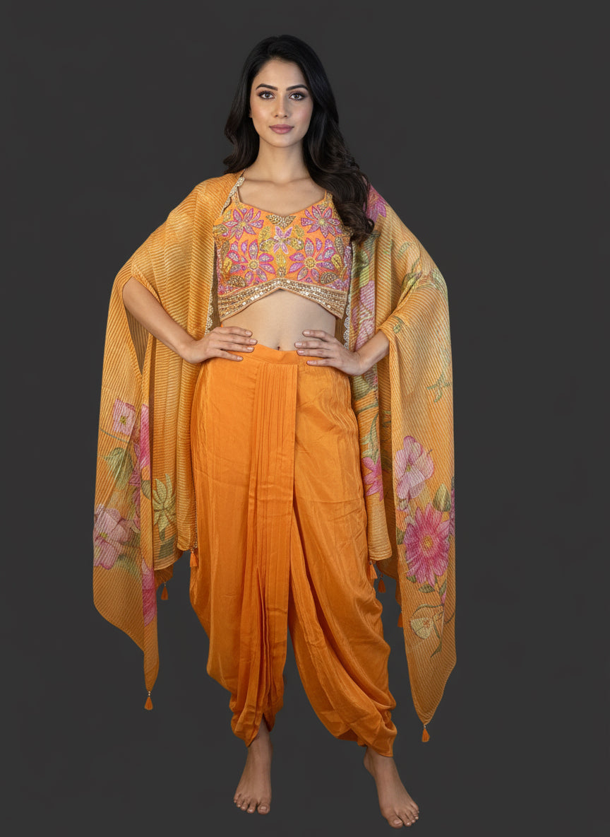 Festive Orange Indo Western Co-ord with Draped Skirt and Shrug Tulip Cut with Strange