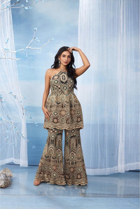 Indo Western Halter Neck Top With Flared Pant Cut Work