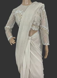 Off-White & Gold Ready-to-Wear Saree with Embellished Blouse