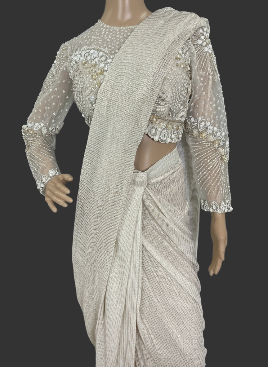 Off-White & Gold Ready-to-Wear Saree with Embellished Blouse