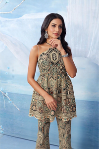 Indo Western Halter Neck Top With Flared Pant Cut Work