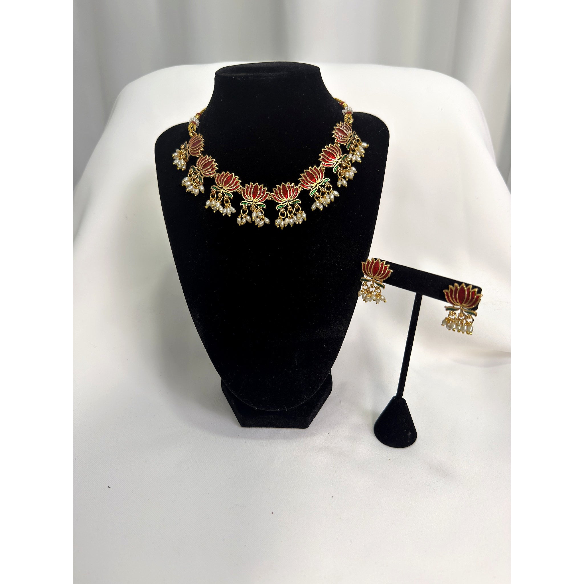Traditional Lotus Design Necklace Set with Pearl Drops & Matching Earrings – Celebrations Collection