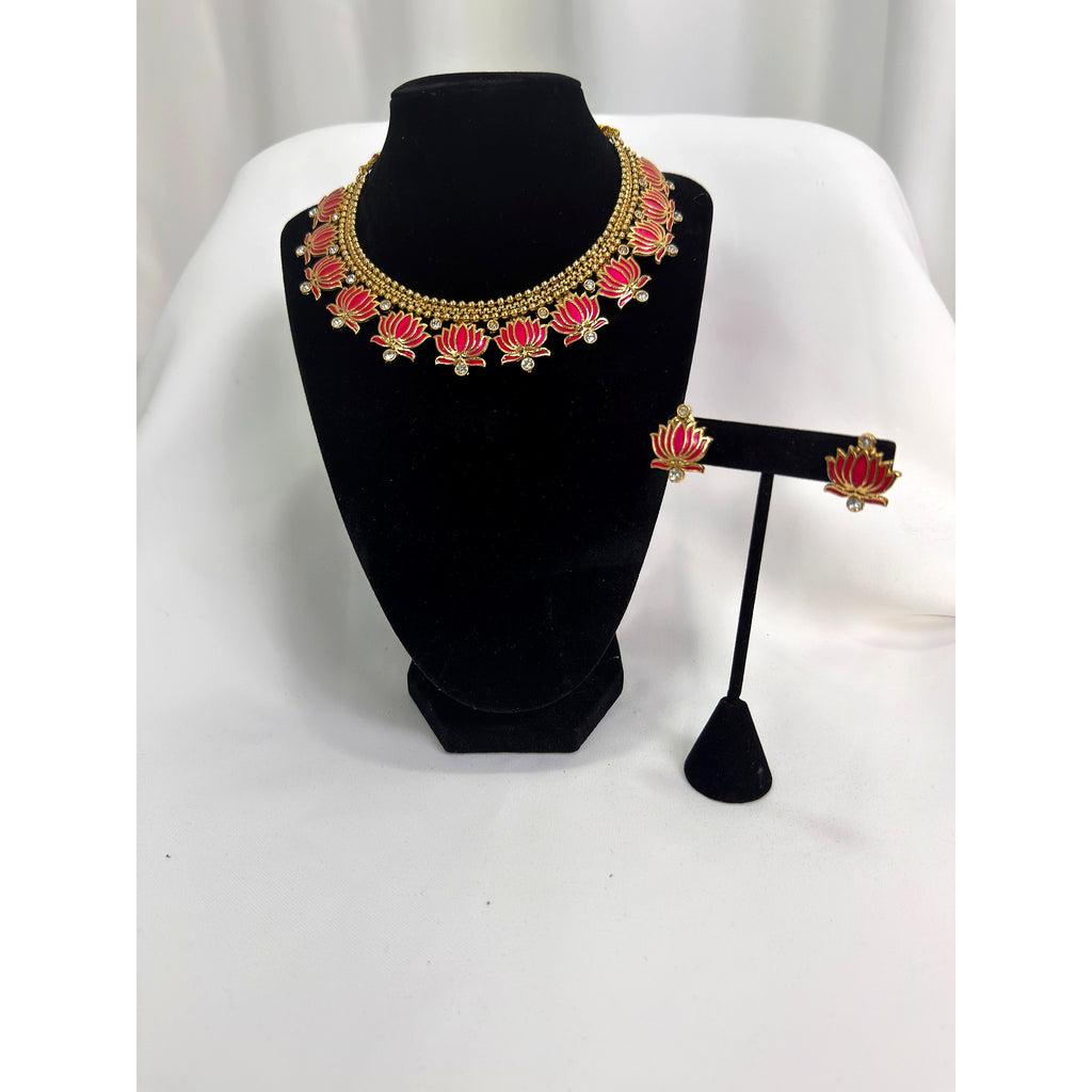 Traditional Lotus Choker Necklace Set with Matching Earrings – Gold Tone Festive Jewelry