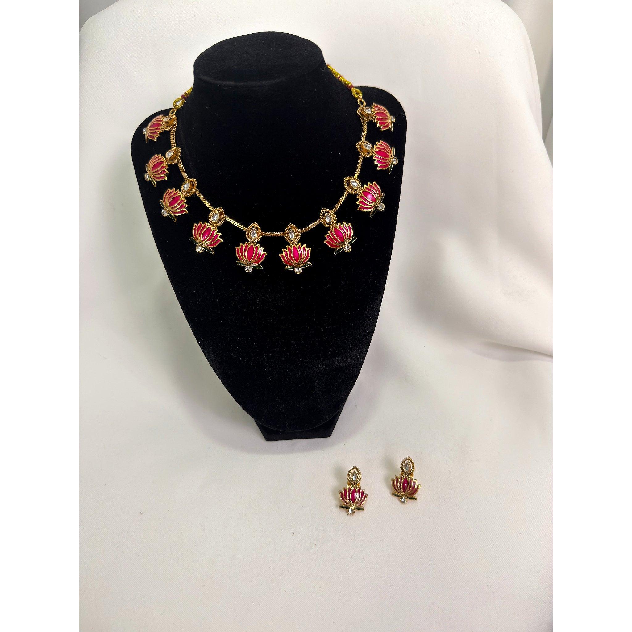 Traditional Lotus Motif Necklace Set with Matching Earrings – Gold Tone Festive Jewelry