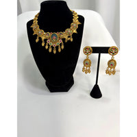 Traditional Temple Style Gold Tone Necklace Set with Multicolor Stones & Jhumka Earrings