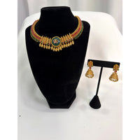 Traditional Temple Choker Necklace Set with Red & Green Beads and Jhumka Earrings