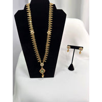 Elegant Long Gold Necklace Set with Floral Pendant & Matching Drop Earrings