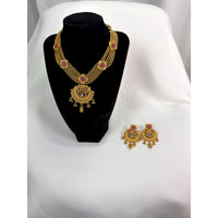 Antique Temple Gold Necklace Set with Pink Stone Pendant & Matching Chandbali Earrings