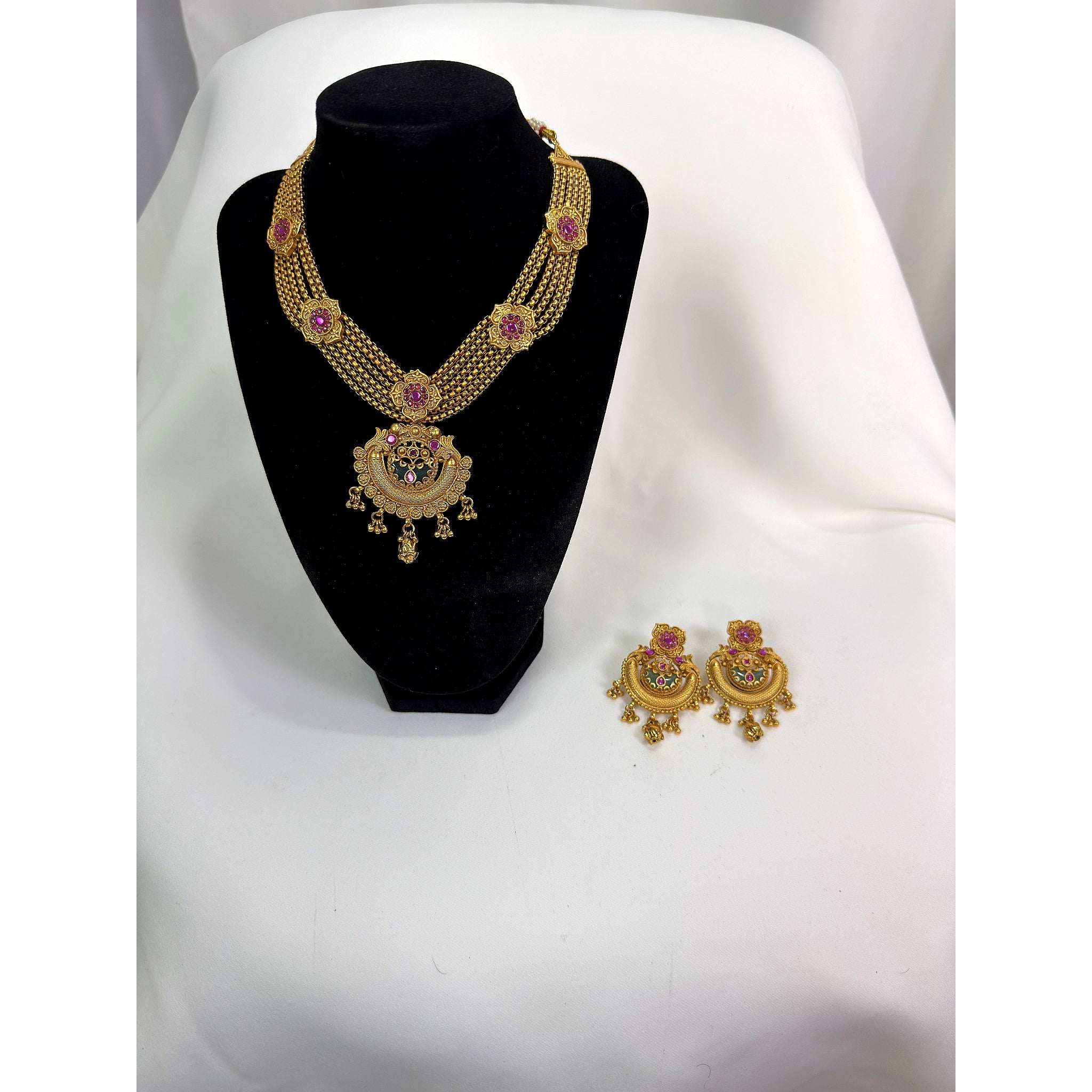 Antique Temple Gold Necklace Set with Pink Stone Pendant & Matching Chandbali Earrings