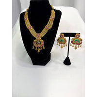 Antique Temple Gold Necklace Set with Green Enamel Pendant & Matching Earrings