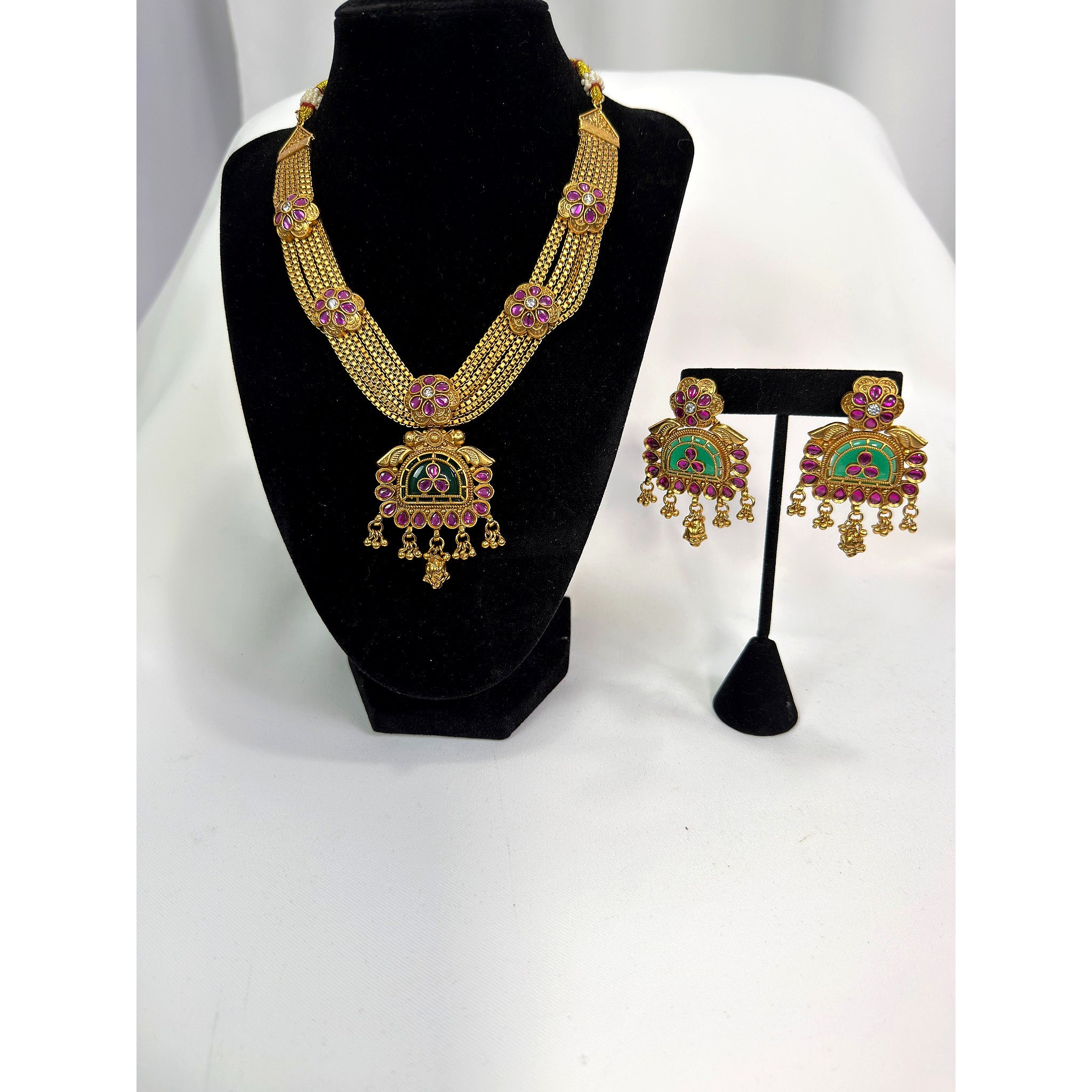 Antique Temple Gold Necklace Set with Green Enamel Pendant & Matching Earrings