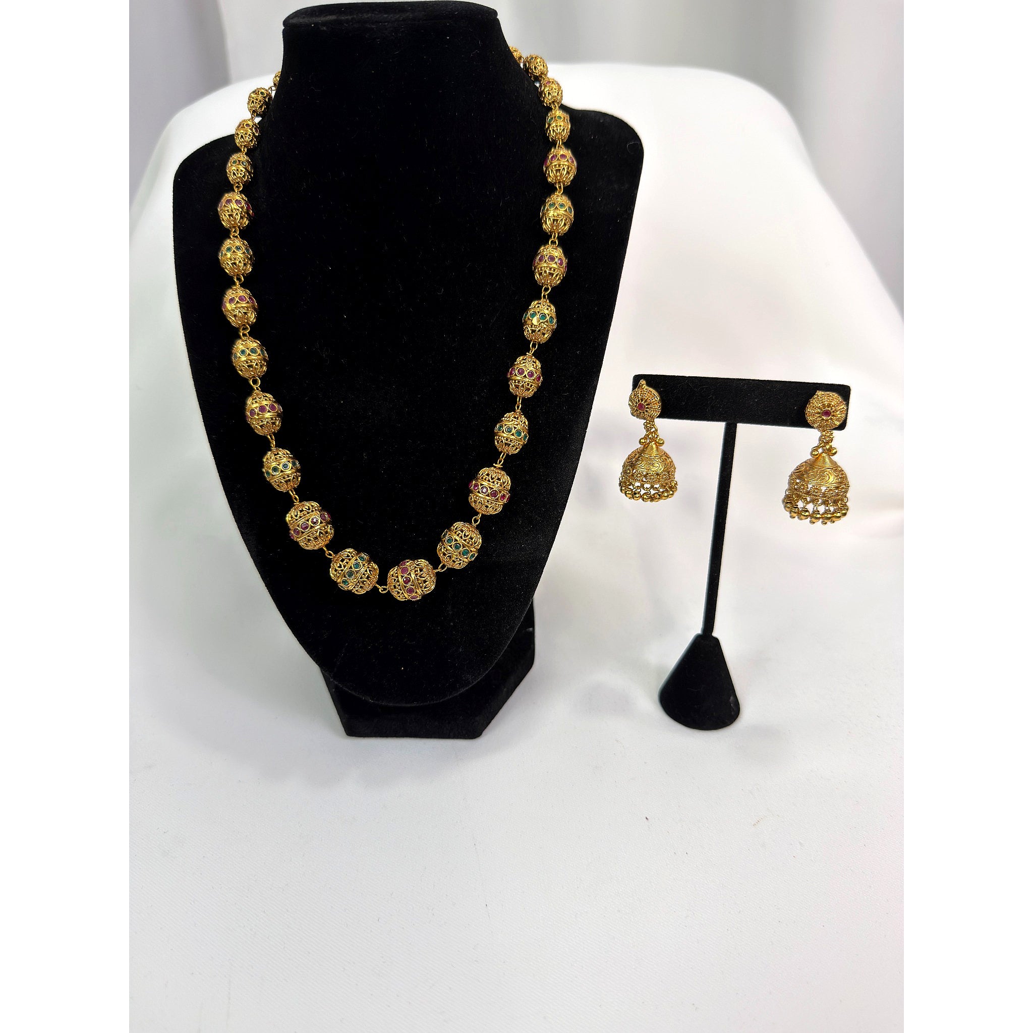 Antique Gold Beaded Temple Necklace Set with Jhumka Earrings