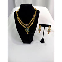 Antique Temple Gold Necklace Set with Green Pendant & Matching Earrings