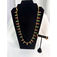 Traditional Gold Enamel Long Necklace Set with Red & Green Accents