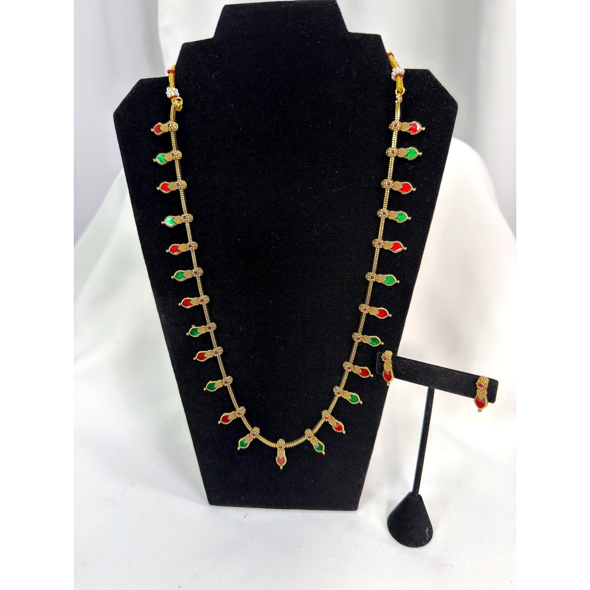 Traditional Gold Enamel Long Necklace Set with Red & Green Accents