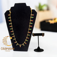 Traditional Gold Enamel Long Necklace Set with Red & Green Accents