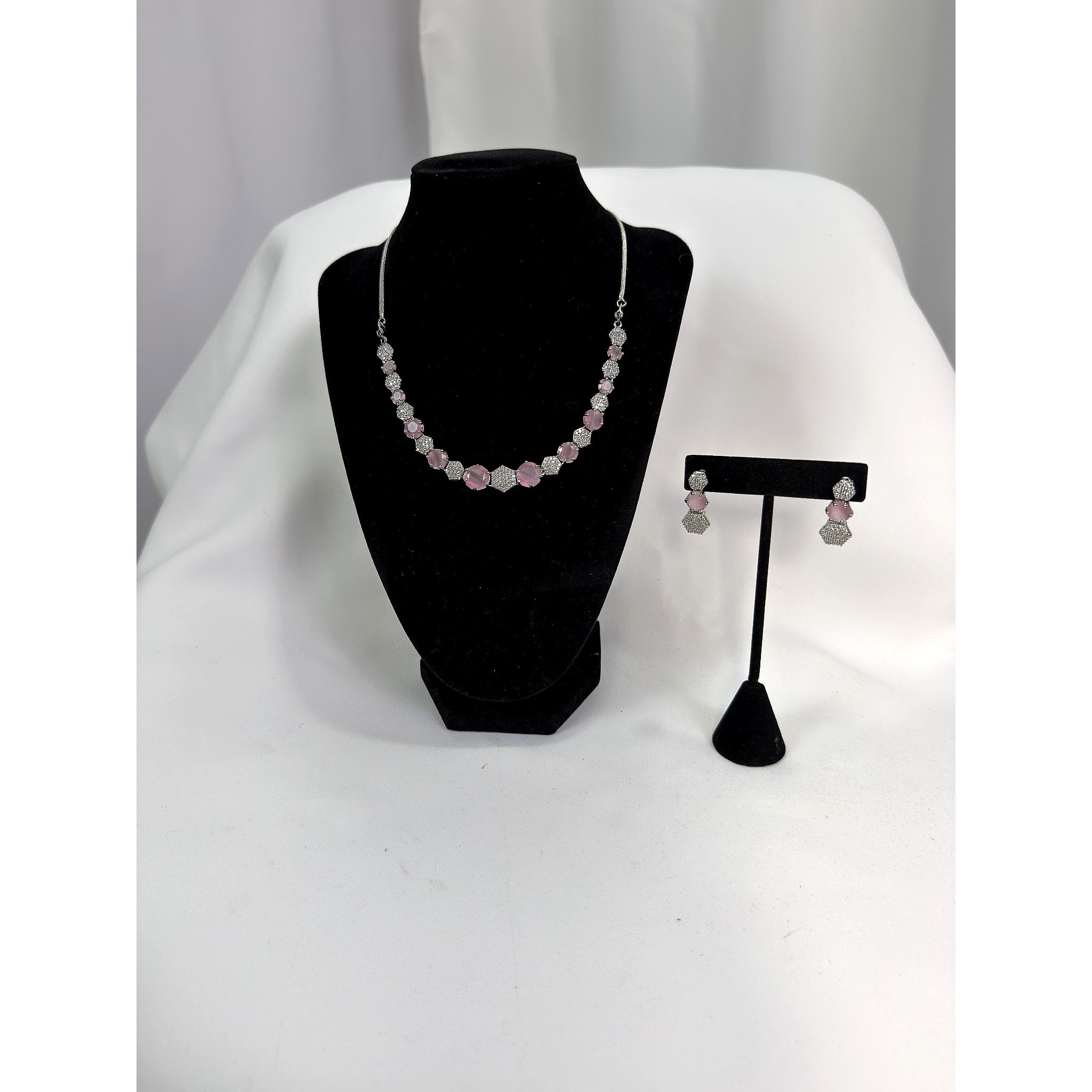 Elegant Pink Crystal Necklace Set with Matching Earrings