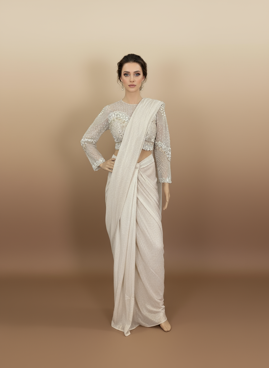 Off-White & Gold Ready-to-Wear Saree with Embellished Blouse