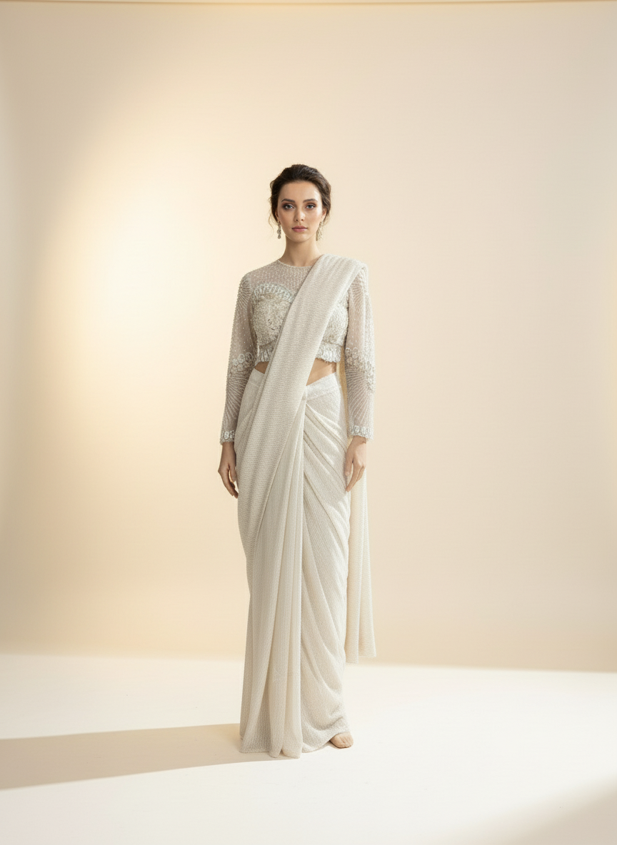 Off-White & Gold Ready-to-Wear Saree with Embellished Blouse
