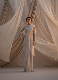 Off-White & Gold Ready-to-Wear Saree with Embellished Blouse