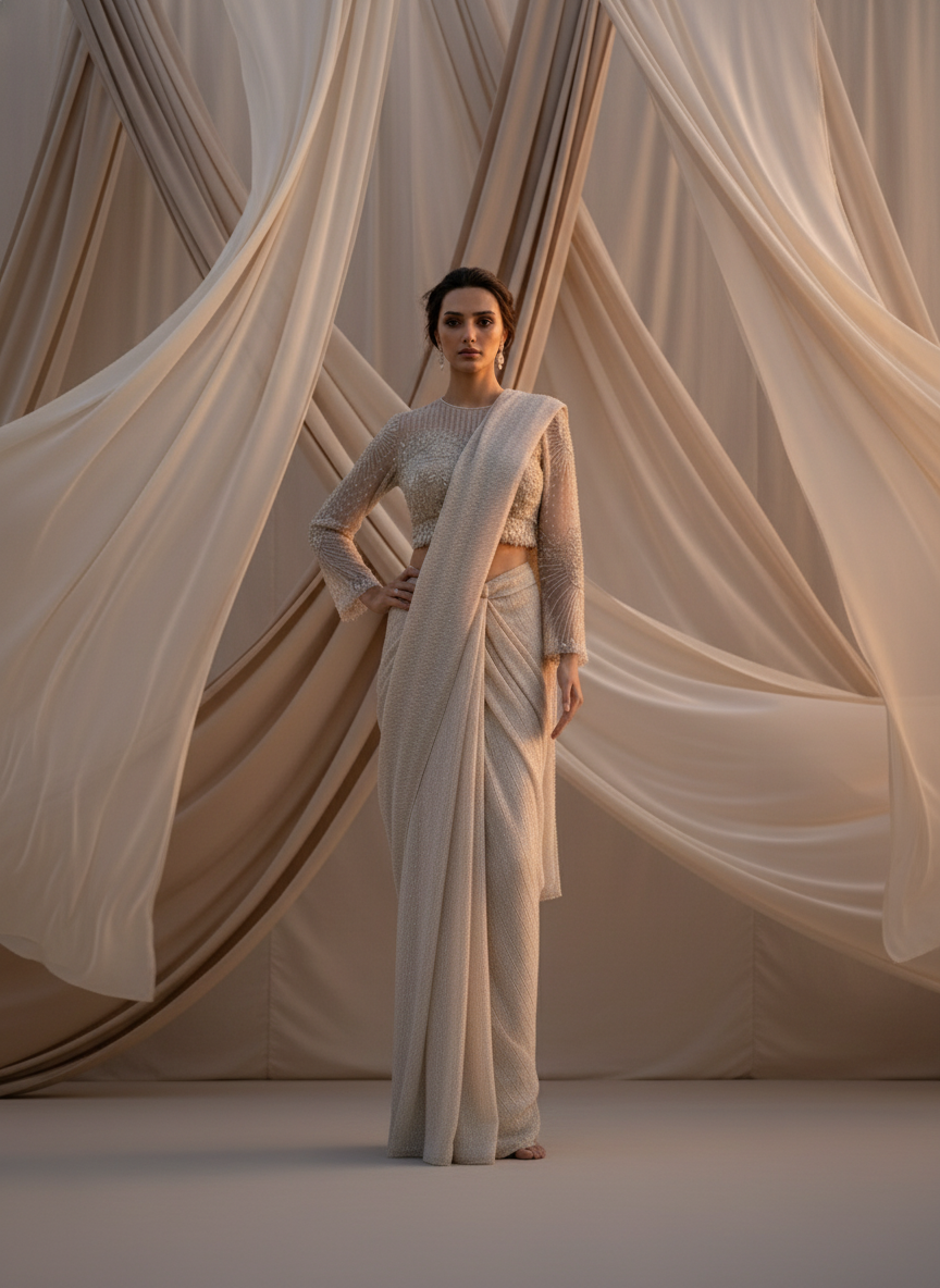 Off-White & Gold Ready-to-Wear Saree with Embellished Blouse