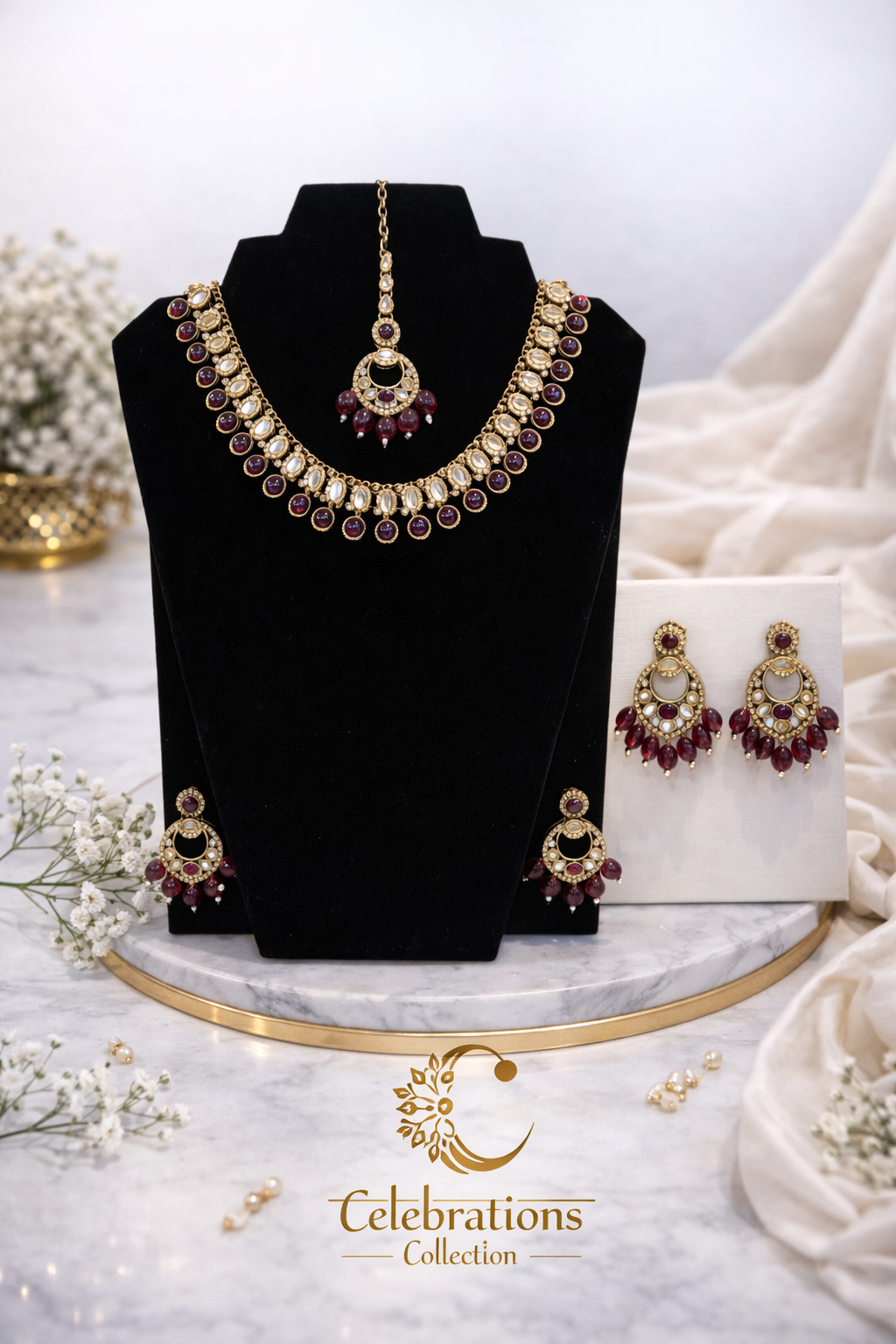 Royal Ruby Kundan Necklace Set with Maang Tikka & Earrings – Traditional Bridal Jewelry