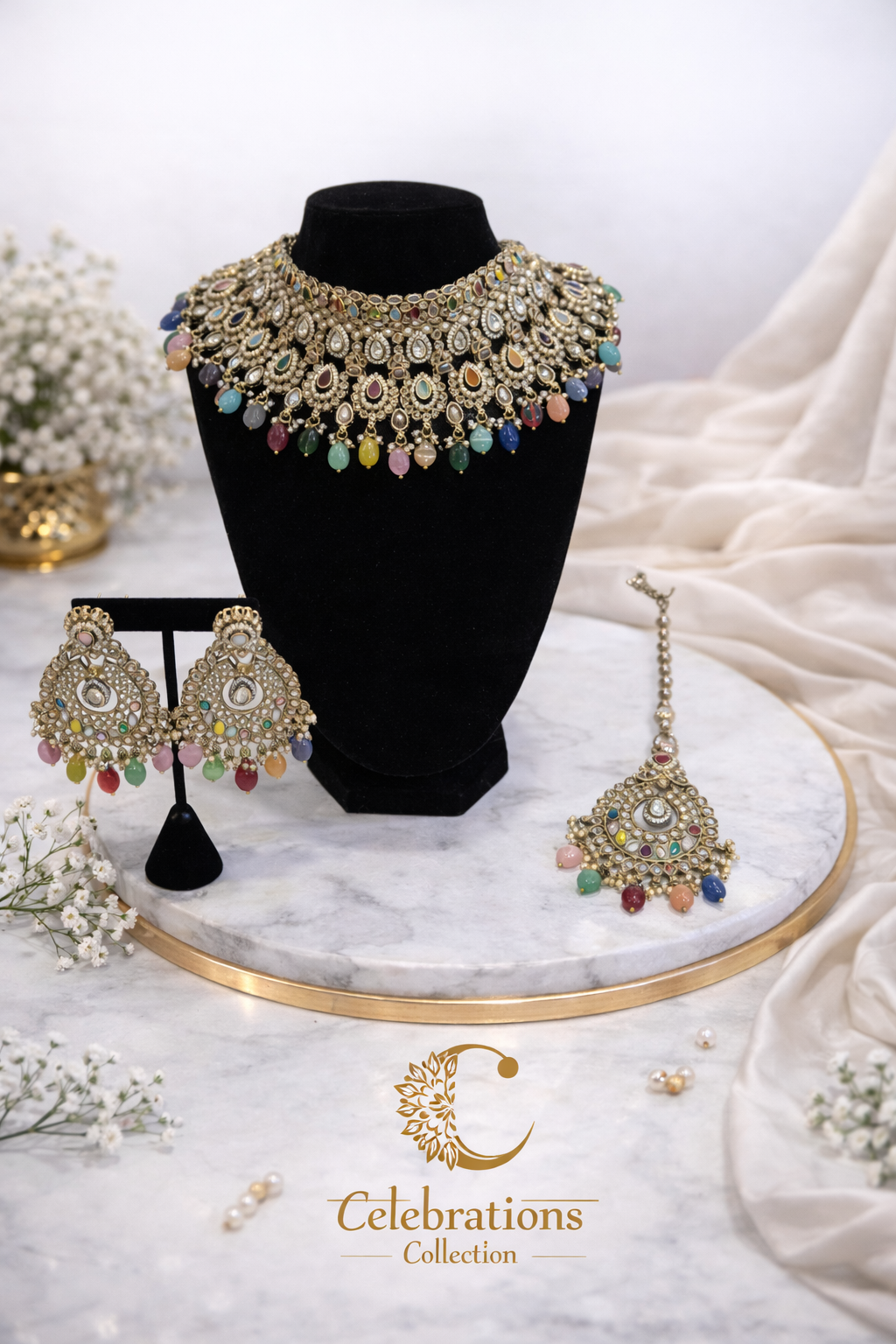 Multicolor Kundan Choker Necklace Set with Earrings & Maang Tikka – Bridal Statement Jewelry