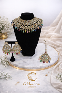 Multicolor Kundan Choker Necklace Set with Earrings & Maang Tikka – Bridal Statement Jewelry