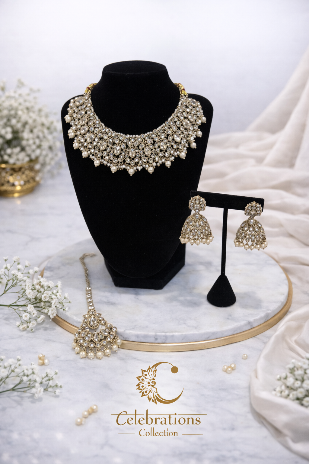 Classic Pearl Kundan Bridal Necklace Set with Jhumka Earrings & Maang Tikka