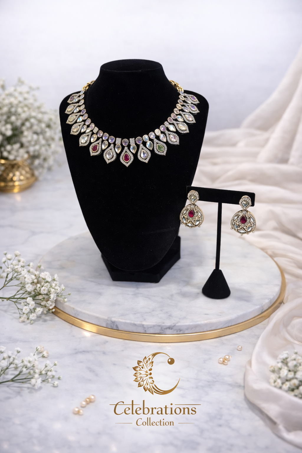 Elegant Diamond-Style Kundan Necklace Set with Ruby Accent Earrings