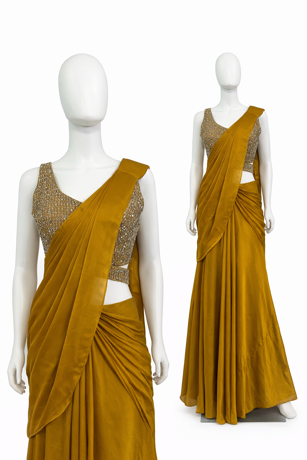 Ready to weare saree satin crape Timeless Mustard Chinon Saree L