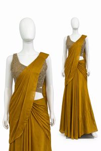 Ready to weare saree satin crape Timeless Mustard Chinon Saree L