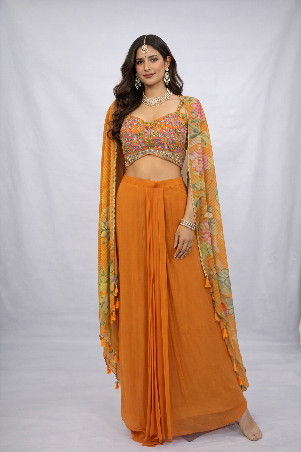 Festive Orange Indo Western Co-ord with Draped Skirt and Shrug Tulip Cut with Strange