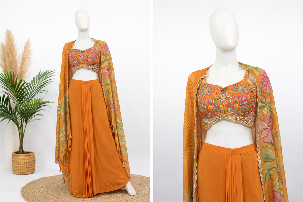 Festive Orange Indo Western Co-ord with Draped Skirt and Shrug Tulip Cut with Strange