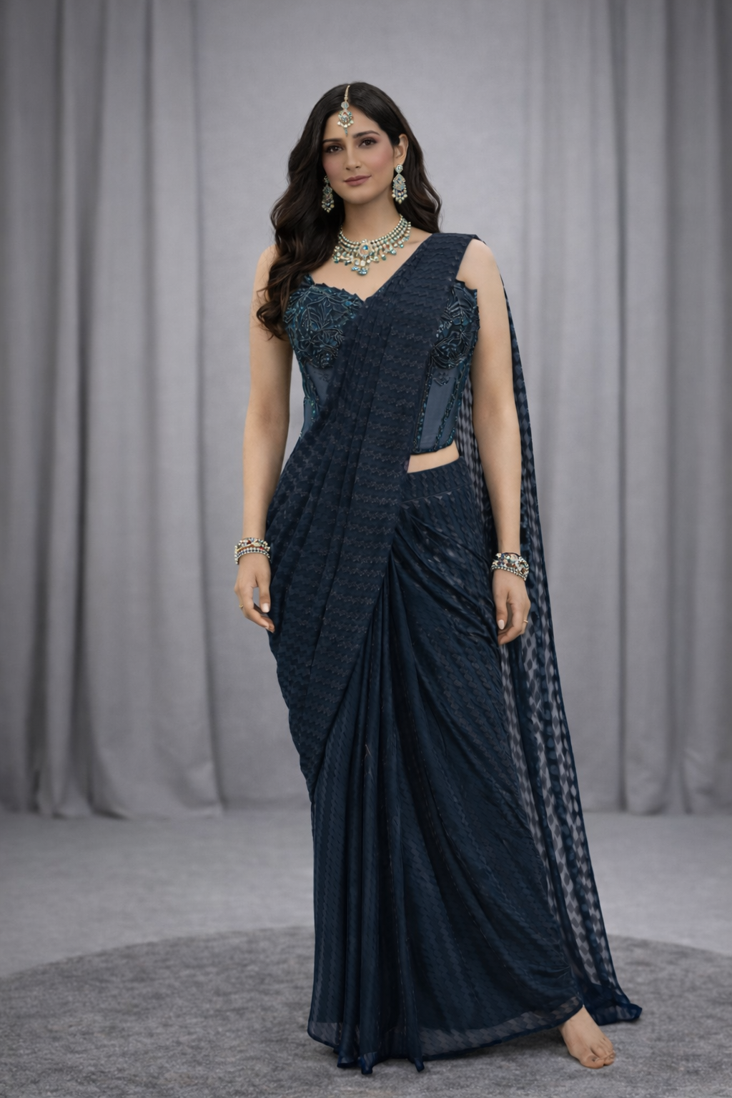 AMO-1011: Teal blue ready to wear saree Georgette