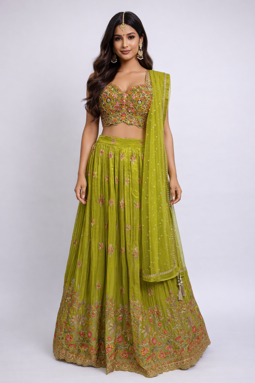Olive Green Tissue Handwork Lehenga Choli Set with Dupatta – Festive & Wedding Wear