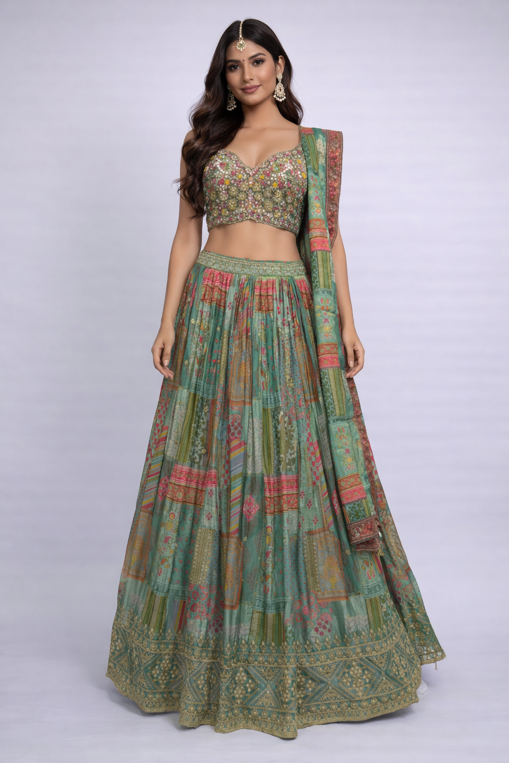 Teal Green Chinon Silk Printed Lehenga Choli Set with Dupatta – Festive & Wedding Wear