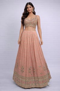 Peach Blush Tissue Handwork Lehenga Choli Set with Dupatta – Elegant Festive & Wedding Wear