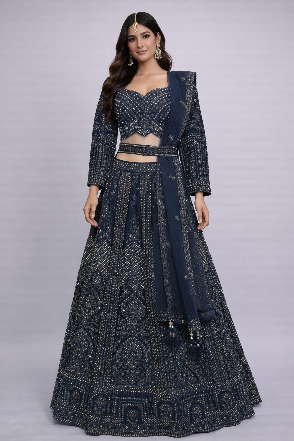 Midnight Blue Velvet All-Over Stone & Mirror Work Bridal Cocktail Lehenga Choli Set