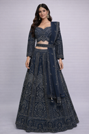 Midnight Blue Velvet All-Over Stone & Mirror Work Bridal Cocktail Lehenga Choli Set