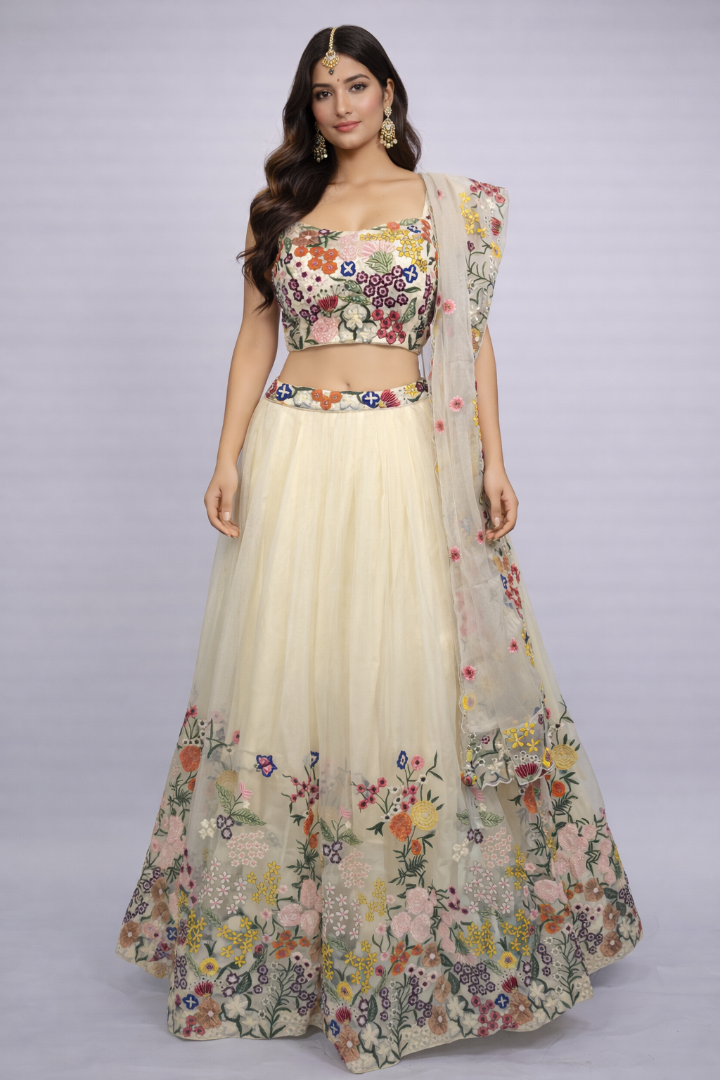 Ivory Floral Viscose Organza Embroidered Lehenga Choli Set with Dupatta – Mehendi & Festive Wear
