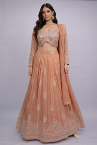 Peach Rose Silk Brocade Embroidered Lehenga Choli Set with Dupatta – Festive & Wedding Wear