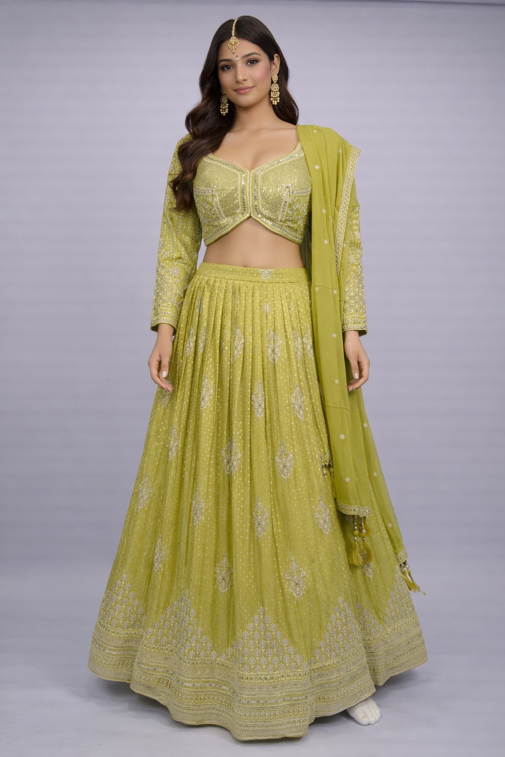 Lime Green Silk Brocade Embroidered Lehenga Choli Set with Dupatta – Festive & Wedding Wear