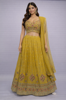 Mustard Gold Tissue Handwork Lehenga Choli Set with Dupatta – Festive & Wedding Wear