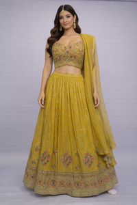 Mustard Gold Tissue Handwork Lehenga Choli Set with Dupatta – Festive & Wedding Wear