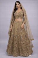 Antique Gold Soft Net Bridal Lehenga Choli with Heavy Embroidery & Dupatta